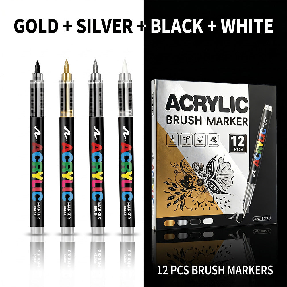 Metallic Acrylic Brush Markers, Direct Liquid Acrylic Marker Pens,Soft Tip Layering Art Drawing Pens