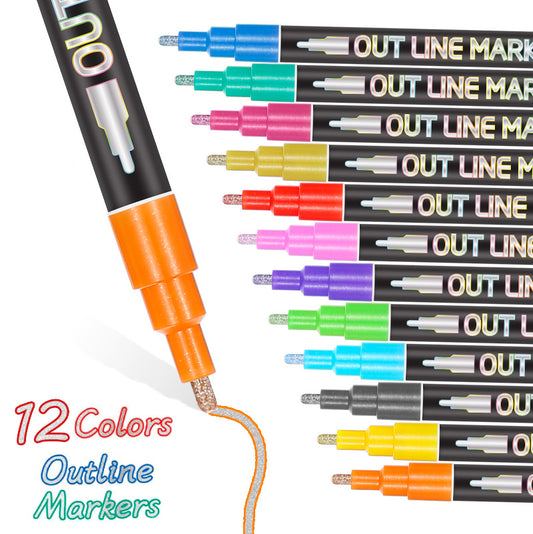 Metallic Outline Markers Pens Silver Double Line 8/12/20 Colors