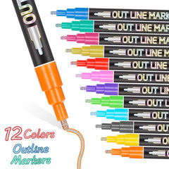 8/12/20 Colors Metallic Silver Double Line Self-Outline Markers Pens