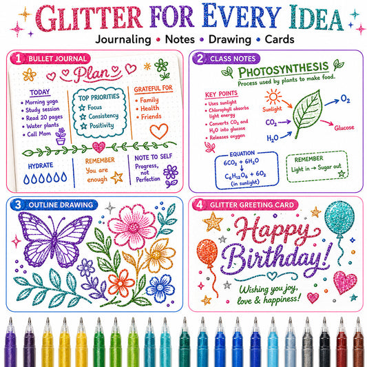 Glitter Gel Pen, 0.8mm Fine Tip, 12 Colors Per Set