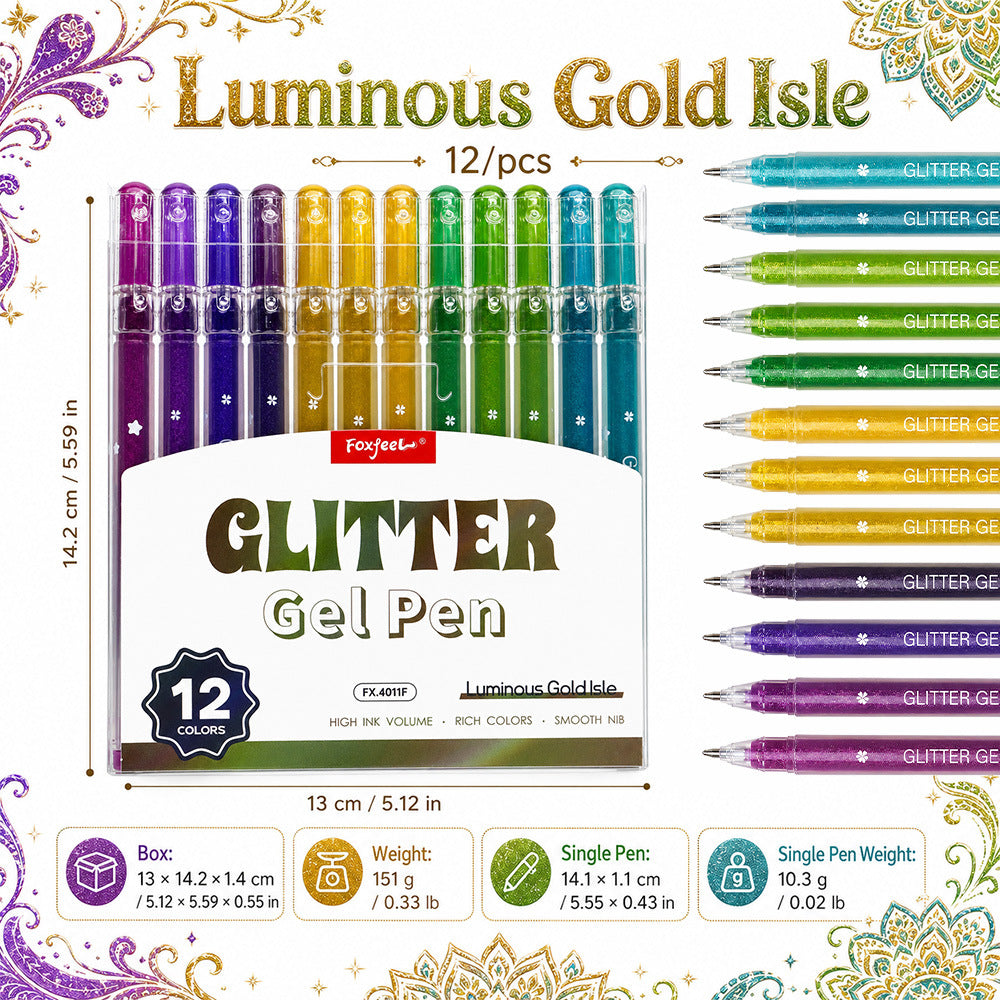 Glitter Gel Pen, 0.8mm Fine Tip, 12 Colors Per Set