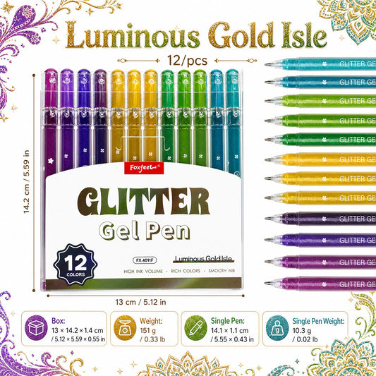 Glitter Gel Pen, 0.8mm Fine Tip, 12 Colors Per Set
