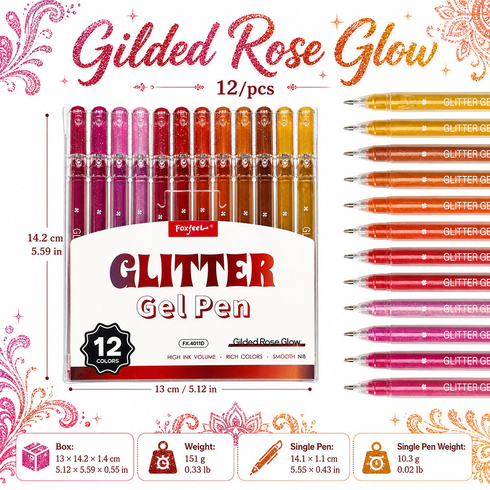 Glitter Gel Pen, 0.8mm Fine Tip, 12 Colors Per Set
