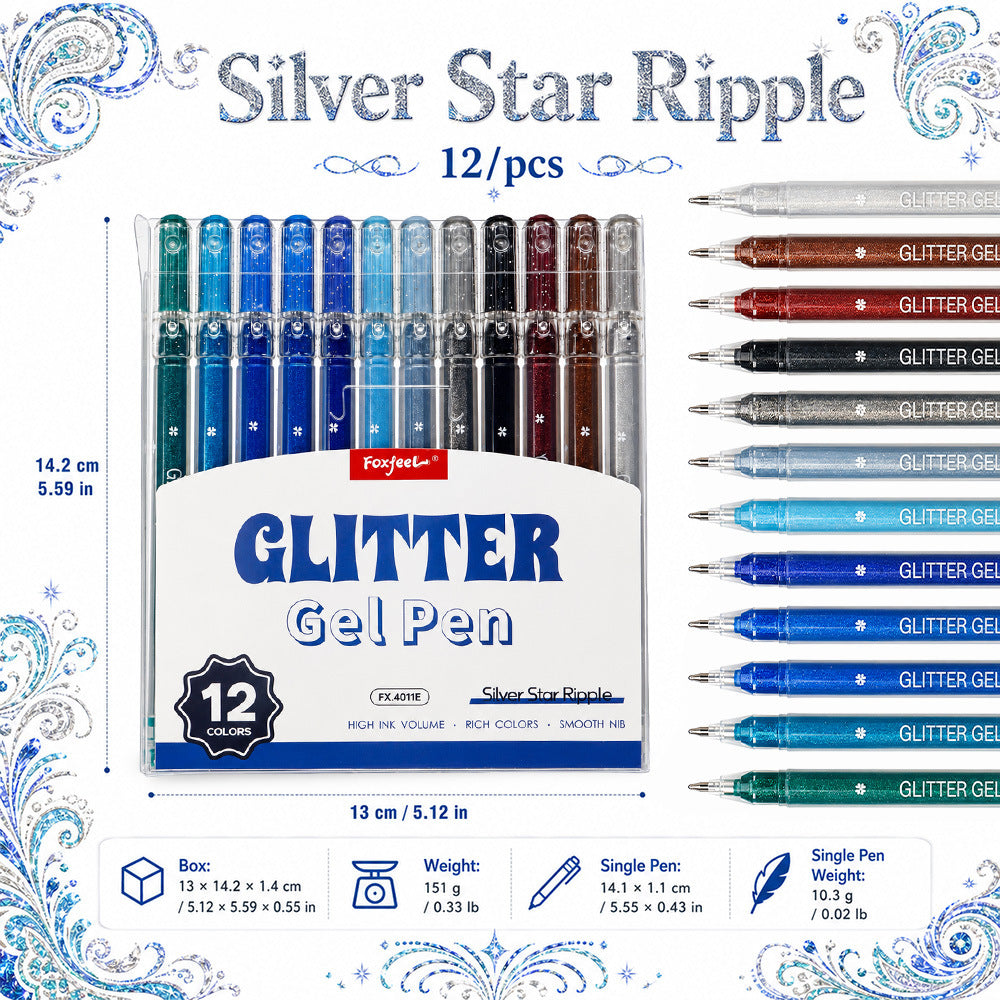 Glitter Gel Pen, 0.8mm Fine Tip, 12 Colors Per Set