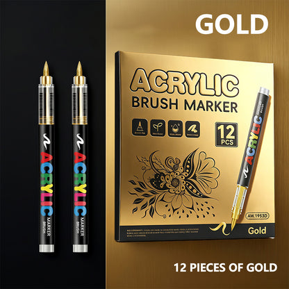 Metallic Acrylic Brush Markers, Direct Liquid Acrylic Marker Pens,Soft Tip Layering Art Drawing Pens