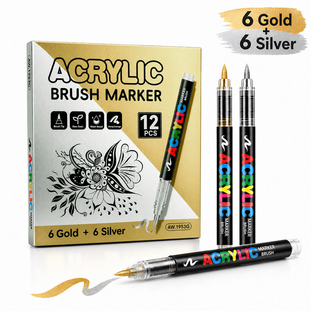 Metallic Acrylic Brush Markers, Direct Liquid Acrylic Marker Pens,Soft Tip Layering Art Drawing Pens