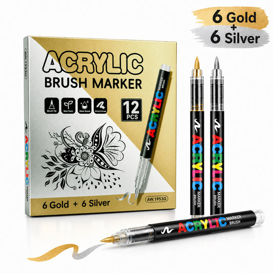 Metallic Acrylic Brush Markers, Direct Liquid Acrylic Marker Pens,Soft Tip Layering Art Drawing Pens
