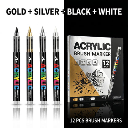 Metallic Acrylic Brush Markers, Direct Liquid Acrylic Marker Pens,Soft Tip Layering Art Drawing Pens