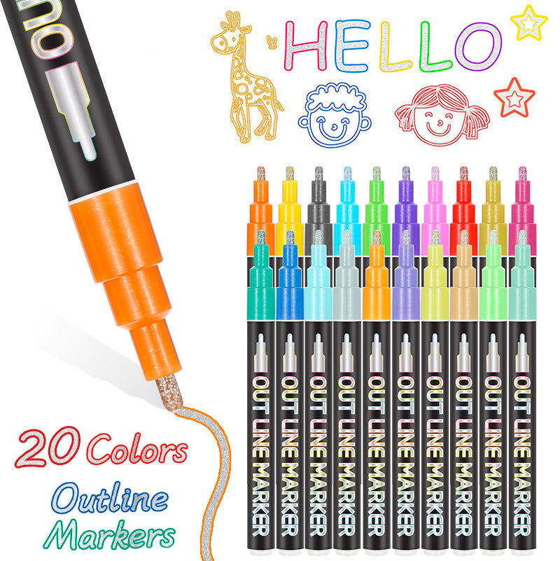 8/12/20 Colors Metallic Silver Double Line Self-Outline Markers Pens