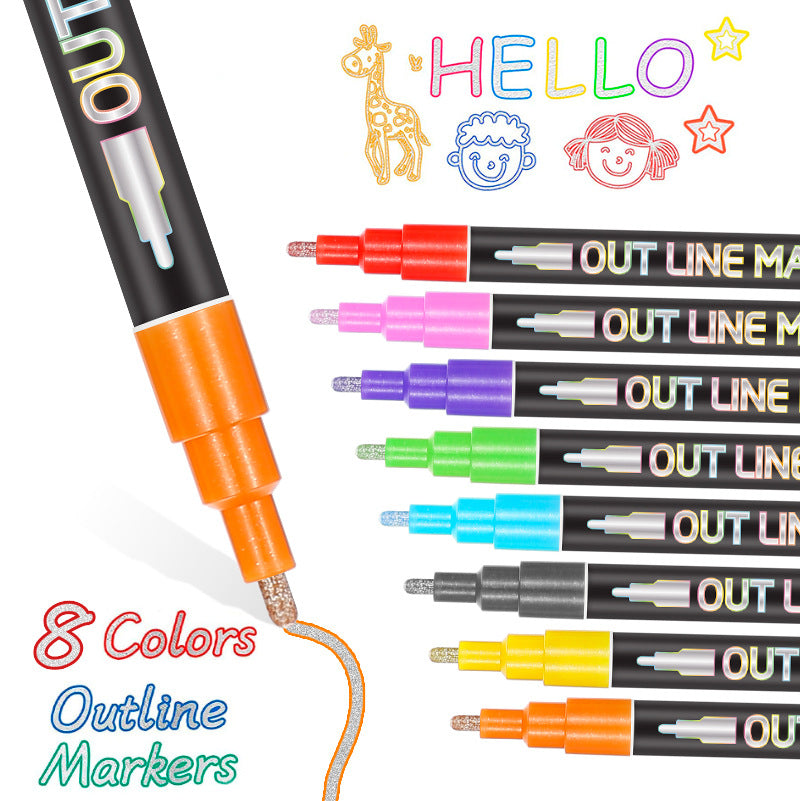 Metallic Outline Markers Pens Silver Double Line 8/12/20 Colors