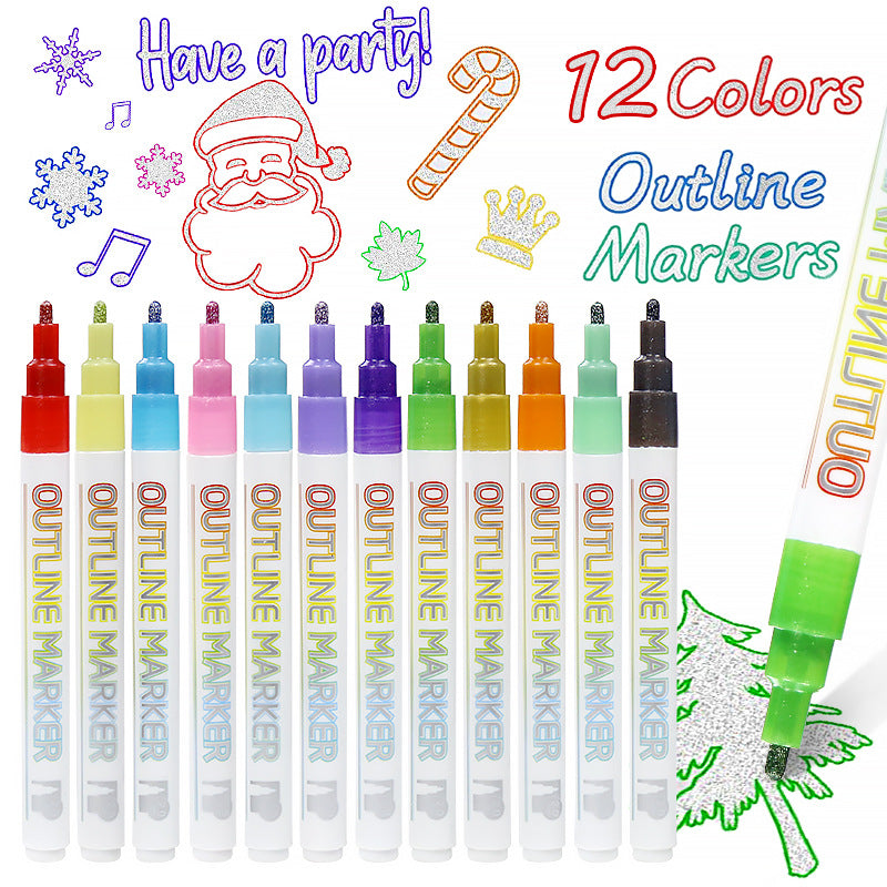 Outline Metallic Markers Pens (Silver Line) 12 Colors Double Line