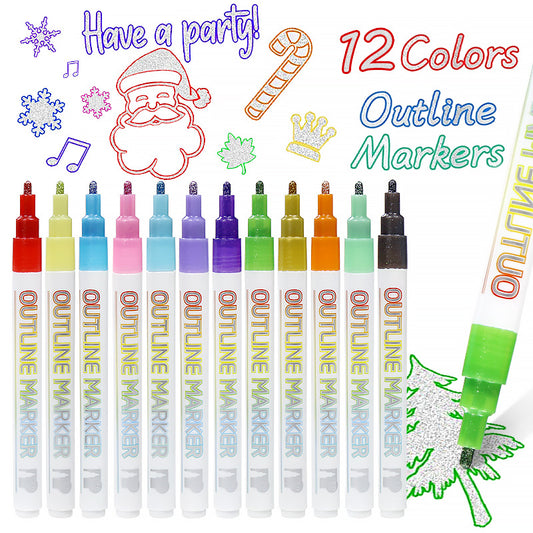 Outline Metallic Markers Pens (Silver Line) 12 Colors Double Line
