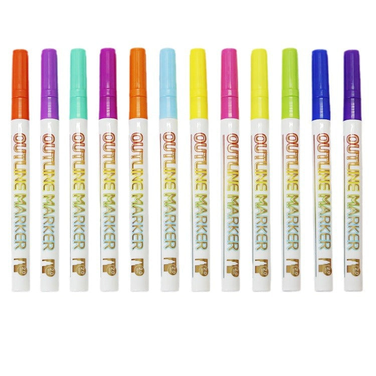 Outline Metallic Markers Pens 12 Colors Double Line (Gold Line)