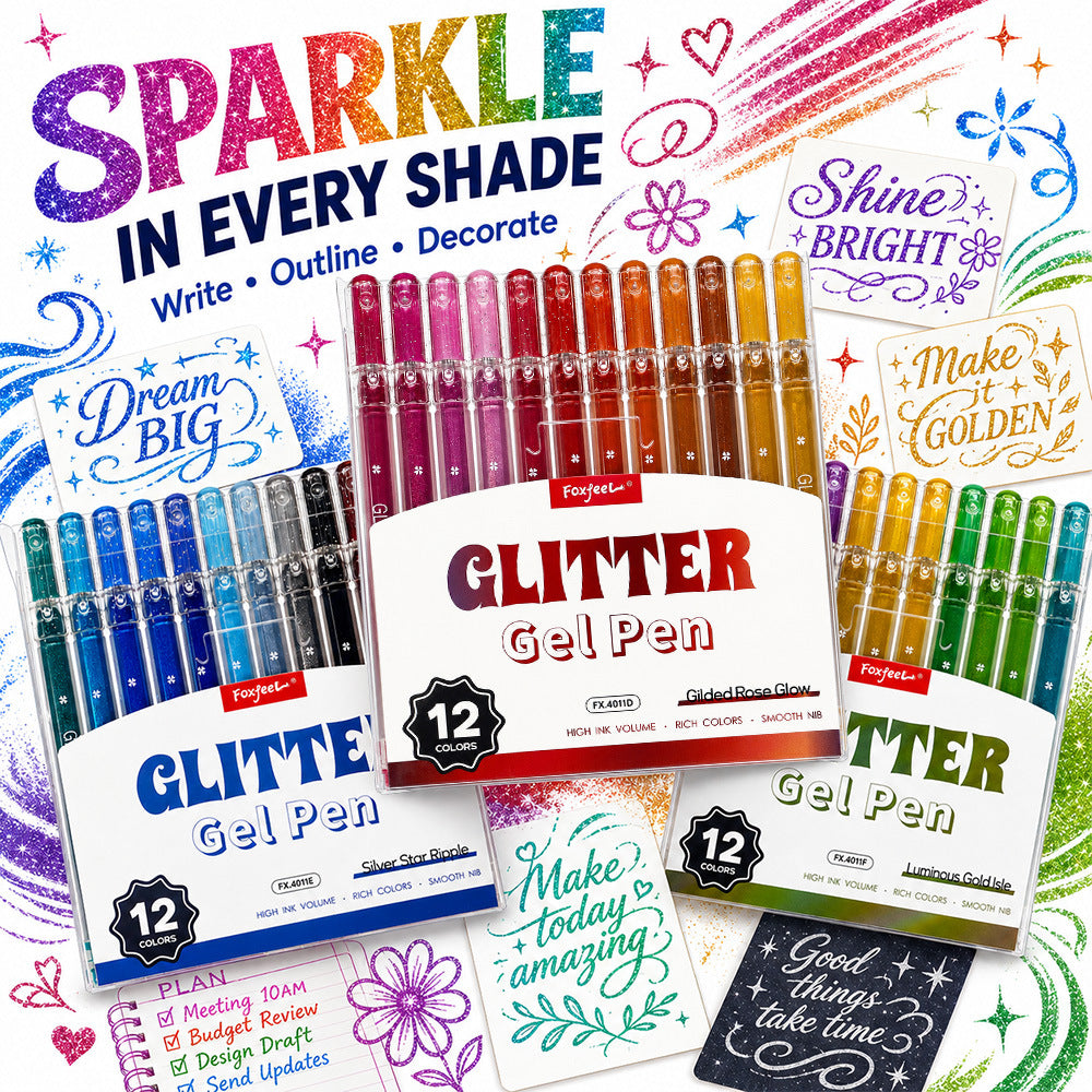 Glitter Gel Pen, 0.8mm Fine Tip, 12 Colors Per Set