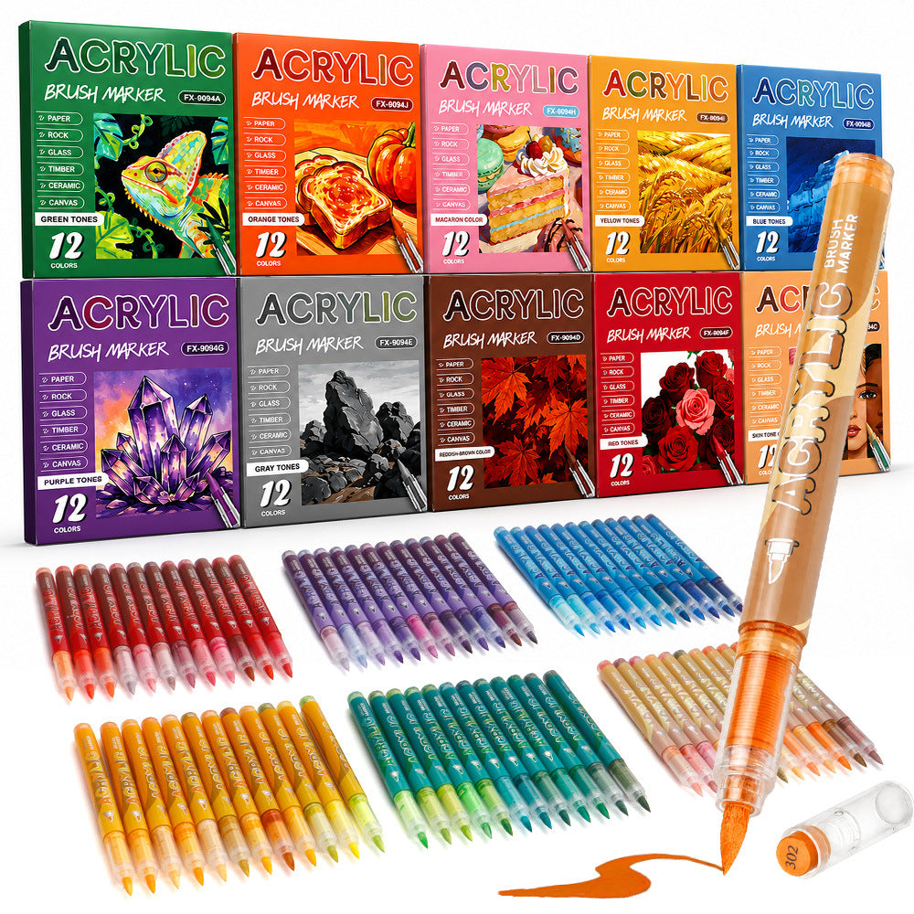 Direct Liquid Acrylic Marker, 10 Themed Color Set, Brush Tip Paint Pens for Journal & Illustration