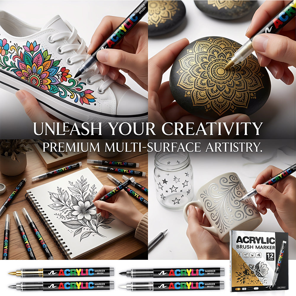 Metallic Acrylic Brush Markers, Direct Liquid Acrylic Marker Pens,Soft Tip Layering Art Drawing Pens